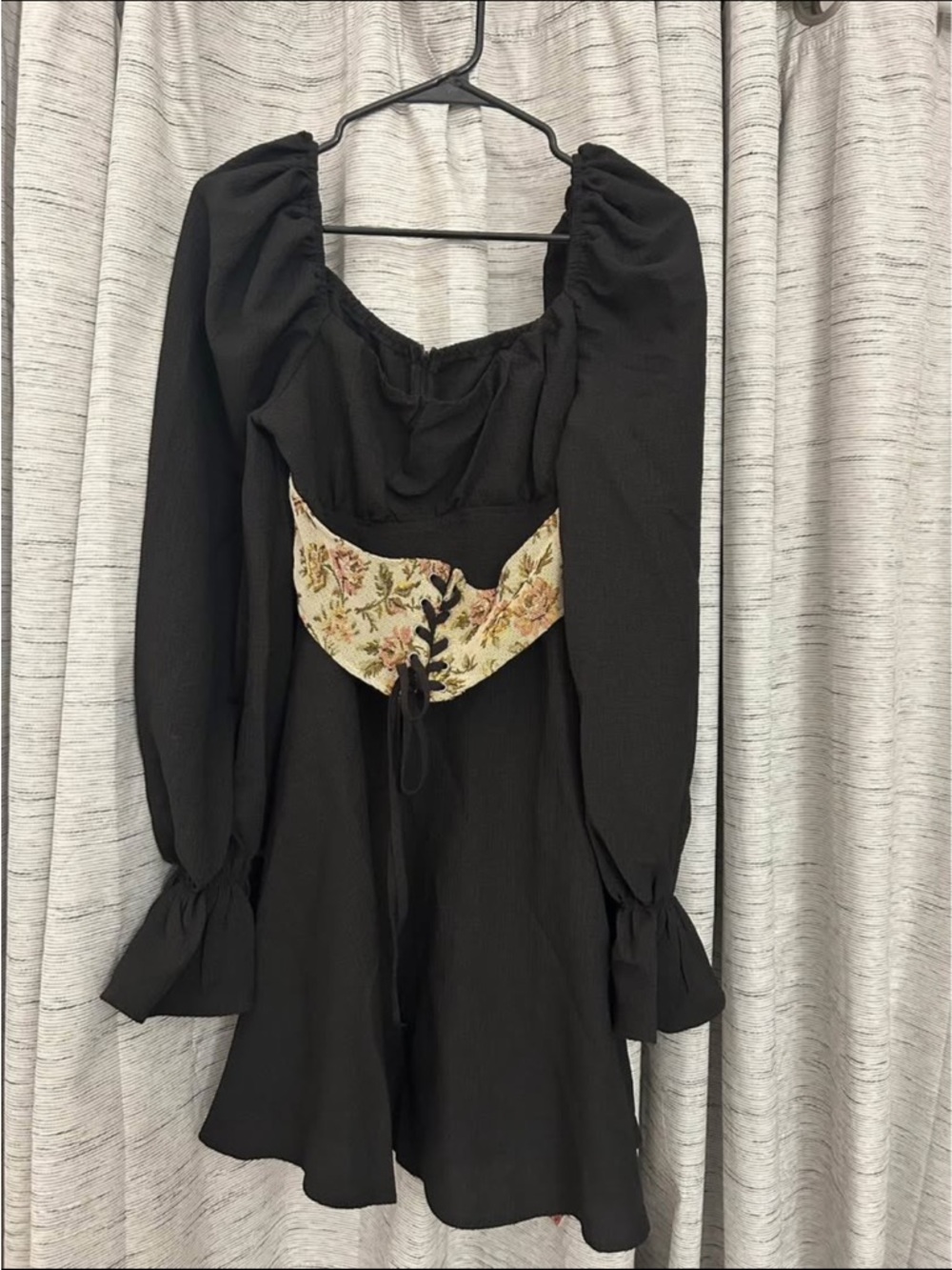 SHEIN Black Long Sleeve Midi Dress with Floral Corset Panel